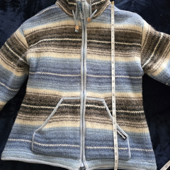 Laundromat Striped Hooded Jacket with Blue and Brown Tones 100% Wool Heavy Knit - Picture 13 of 16